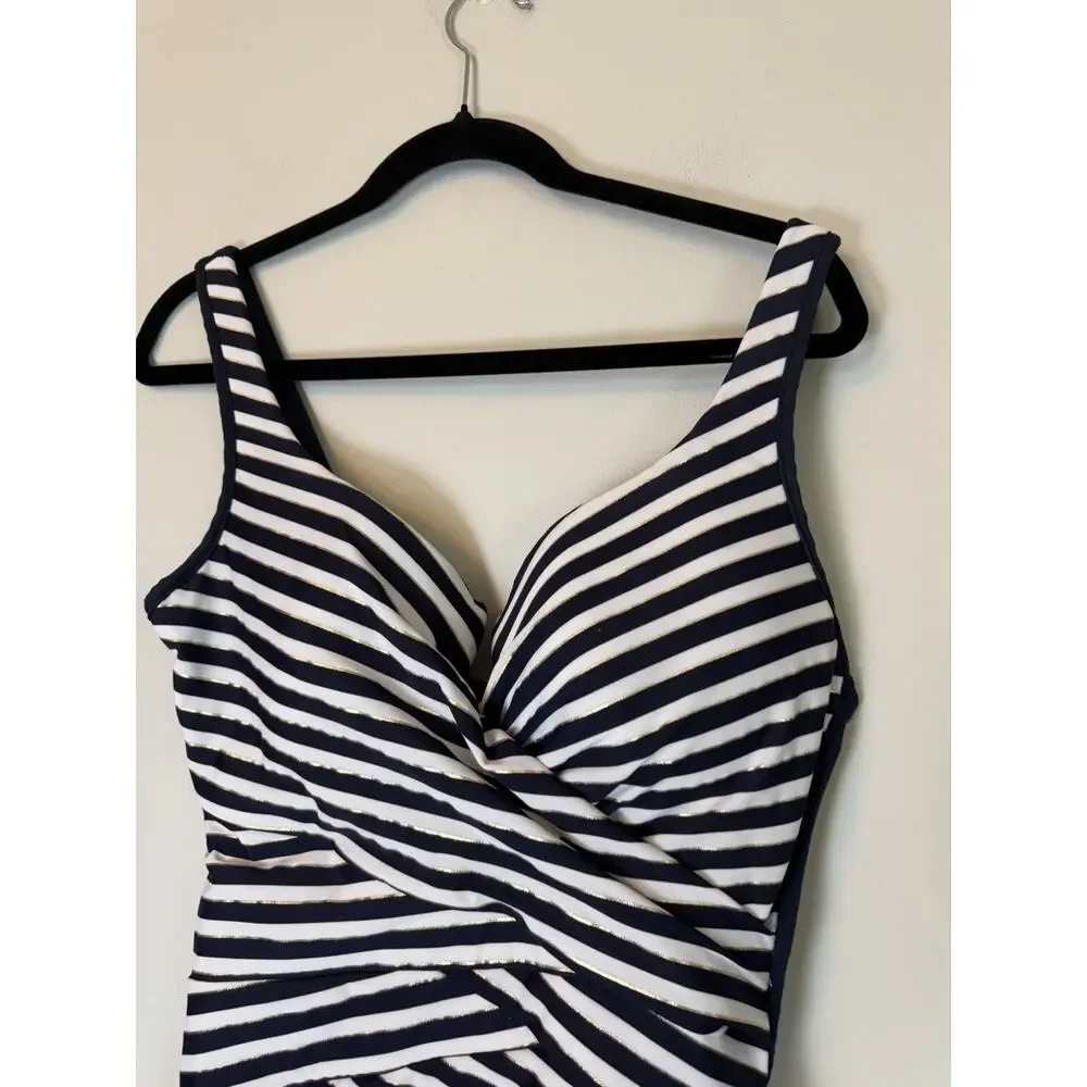 Miraclesuit Navy White Stripe Estilo Underwire One Piece Slimming Swimsuit Sz 16